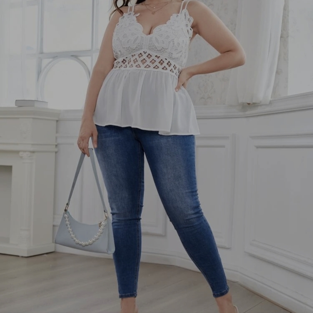 Boho Plus Size Floral Lace Criss Cross Tank Top Black - Picture 7 of 17